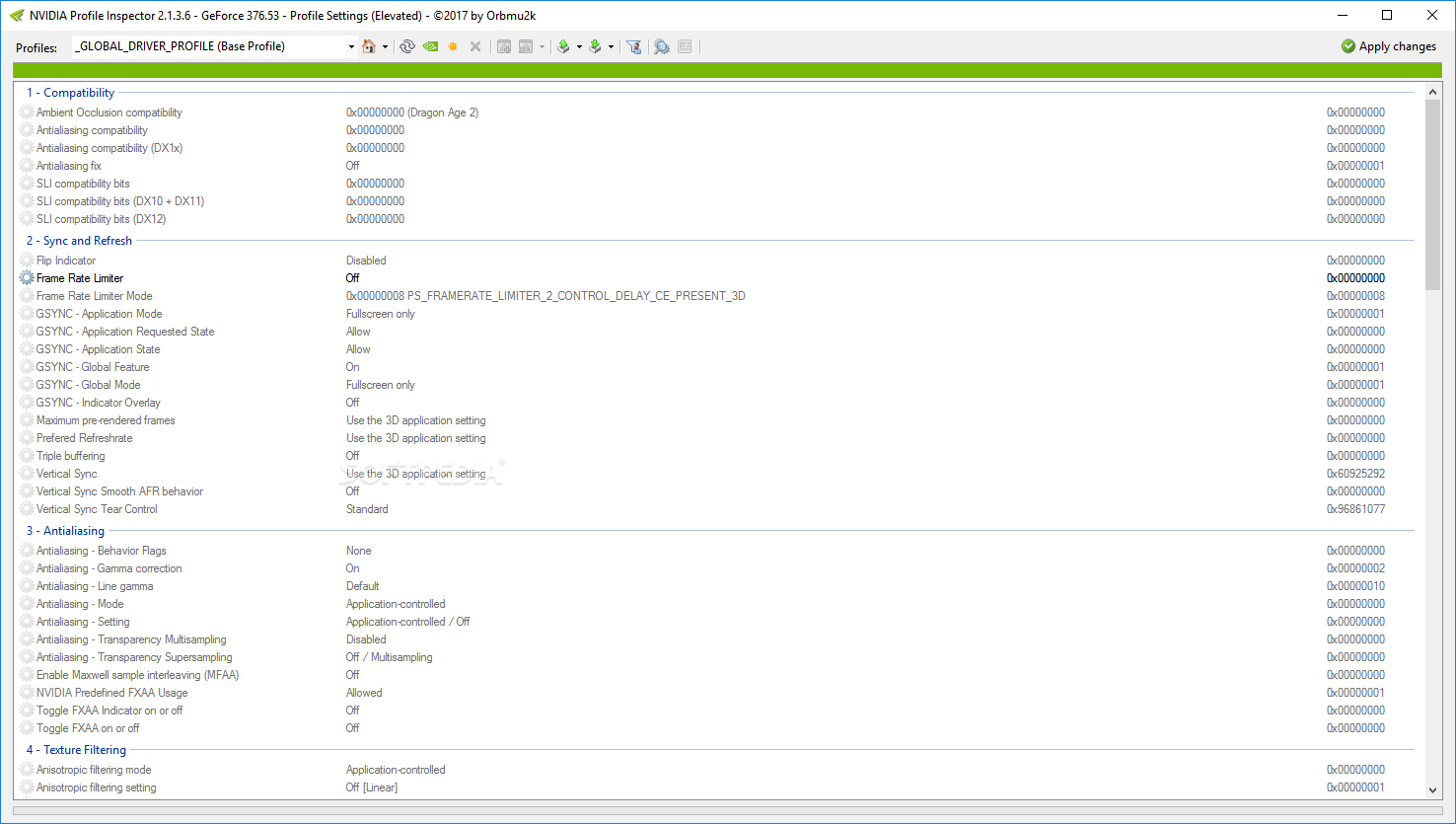 NVIDIA Profile Inspector settings window